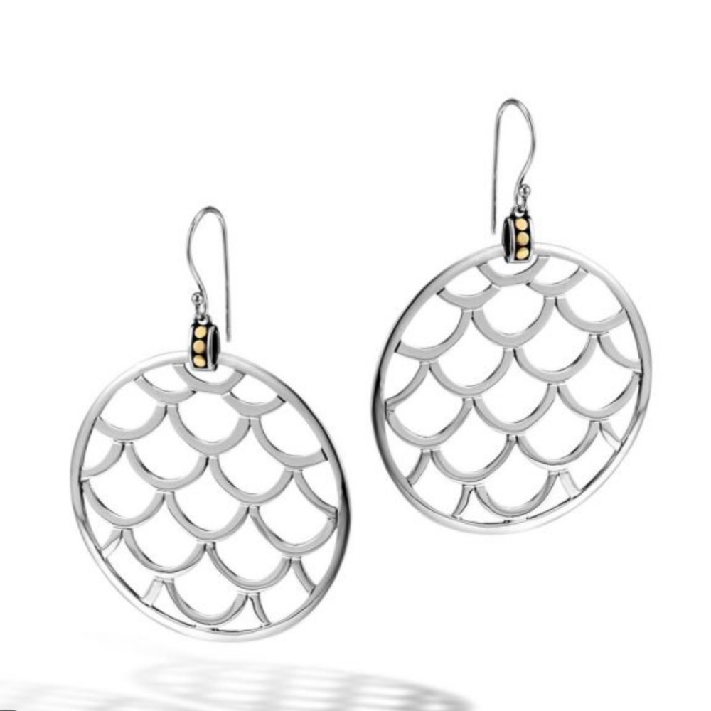 John Hardy Naga Disc earrings on hook. Sterling Silver w 3 18k Gold dots at top